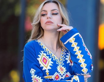 Niebieski haftowany bawełniany kaftan, egipski bawełniany kaftan, długa sukienka, wygodny strój, domowe spotkanie, prezent dla niej