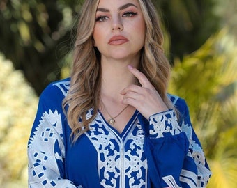 Elegancki niebieski haftowany, bawełniany kaftan, egipski bawełniany kaftan, długa sukienka, wygodny strój, domowe spotkanie, prezent dla niej