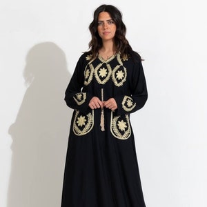 Black Egyptian Cotton Caftan: Embroidered Boho Comfort Wear