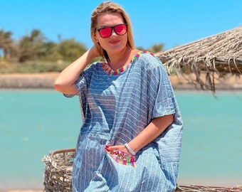 Sukienka boho kaftan z wielokolorowej egipskiej bawełny, egzotyczny kaftan, wygodny strój, plaża, spotkania w domu – obowiązki w USA