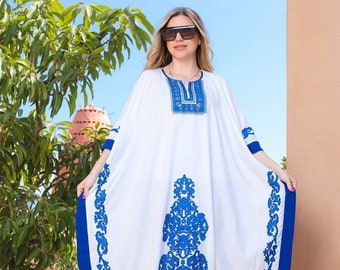 Embroidered White Cotton Kaftan: Plus Size Bohemian Dress