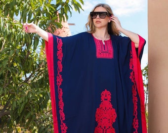 Embroidered Butterfly Kaftan: Navy Blue Bohemian Cotton Dress Plus Size