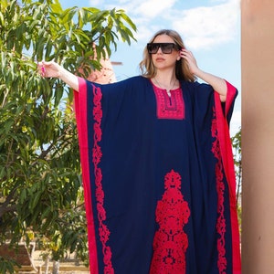 Embroidered Butterfly Kaftan: Navy Blue Bohemian Cotton Dress Plus Size