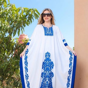 Elegante caftán bordado blanco de talla grande, caftán bohemio de corte holgado, caftán de algodón, caftán exótico, caftanes de algodón para mujer.