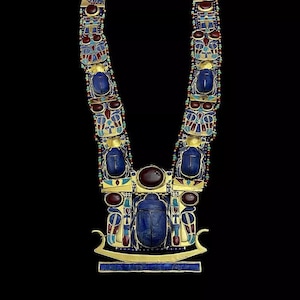 Ancient Egyptian Scarab Necklace, King Tutankhamun Pectoral Jewelry Replica, Gold Pharaoh Amulet, Egyptian Scarab Beetle Pendant.