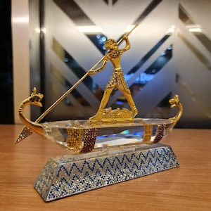 Unique Crystal Figurine of King Tutankhamun Fishing with a Harpoon on His Boat