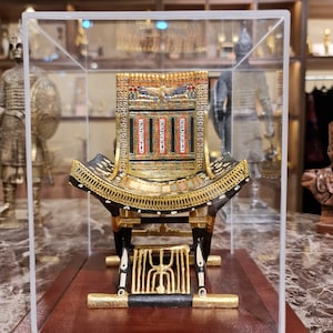 Ceremonial Throne of Tutankhamun with Plexiglass, Ancient Egyptian mythology, Handcrafted antiques, Reproduction with Certificate