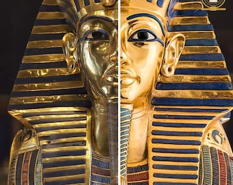 Rare King Tutankhamun Golden Death Mask - 24K Gold Plated Copper with Wooden Base & Plexiglass Display - Museum-Quality with Certificate