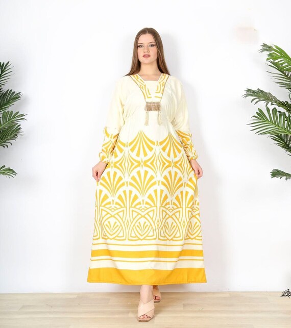 Yellow Printed Egyptian Cotton Caftan: Maxi Comfort Dress