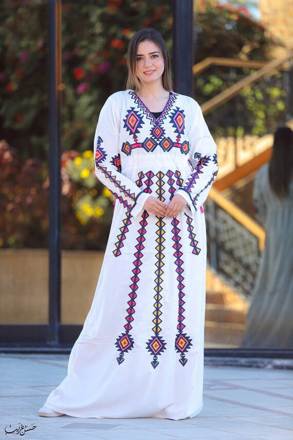 Witte geborduurde katoenen kaftan kaftan van Egyptisch katoen maxi jurk comfortabele slijtage thuis verzamelen cadeaus voor haar Etsy Nederland