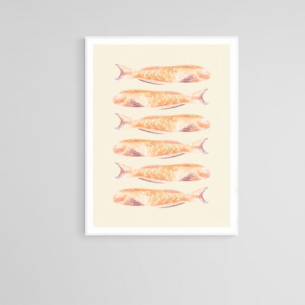 Nautical Orange Watercolor Fish Wall Art - Fish pattern - Digital Download - Coastal wall art - Nautical prints - Printable poster