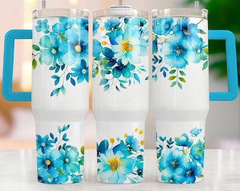 Blue Flower 40 Oz Tumbler Wrap Sublimation Quencher Tumbler Design Watercolor 40oz Tumbler Png Seamless Tumbler Design For 40oz Quencher Png