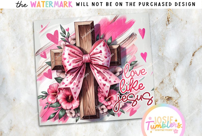 May include: A wooden cross decorated with a pink bow and pink flowers. The text "love like jesus" is written in pink cursive lettering.