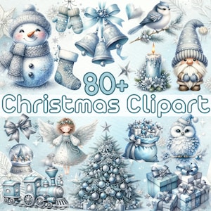 Paquete de imágenes prediseñadas de Navidad azul plateado, paquete de imágenes prediseñadas de Navidad pastel, imágenes prediseñadas de muñeco de nieve, descarga digital, imágenes prediseñadas de acuarela, Navidad png