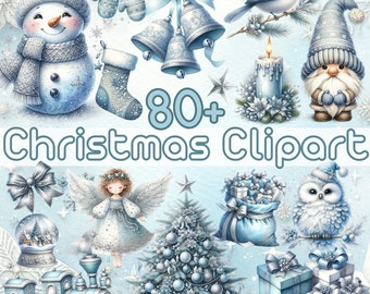 Silver Blue Christmas Clipart Bundle, Pastel Christmas Clipart Png Bundle, Clipart Snowman Digital Download Watercolor Clipart Christmas Png
