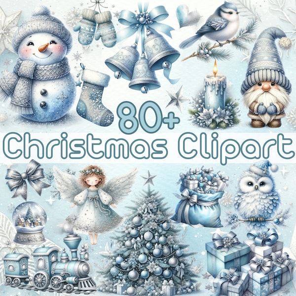 Silver Blue Christmas Clipart Bundle, Pastel Christmas Clipart Png Bundle, Clipart Snowman Digital Download Watercolor Clipart Christmas Png