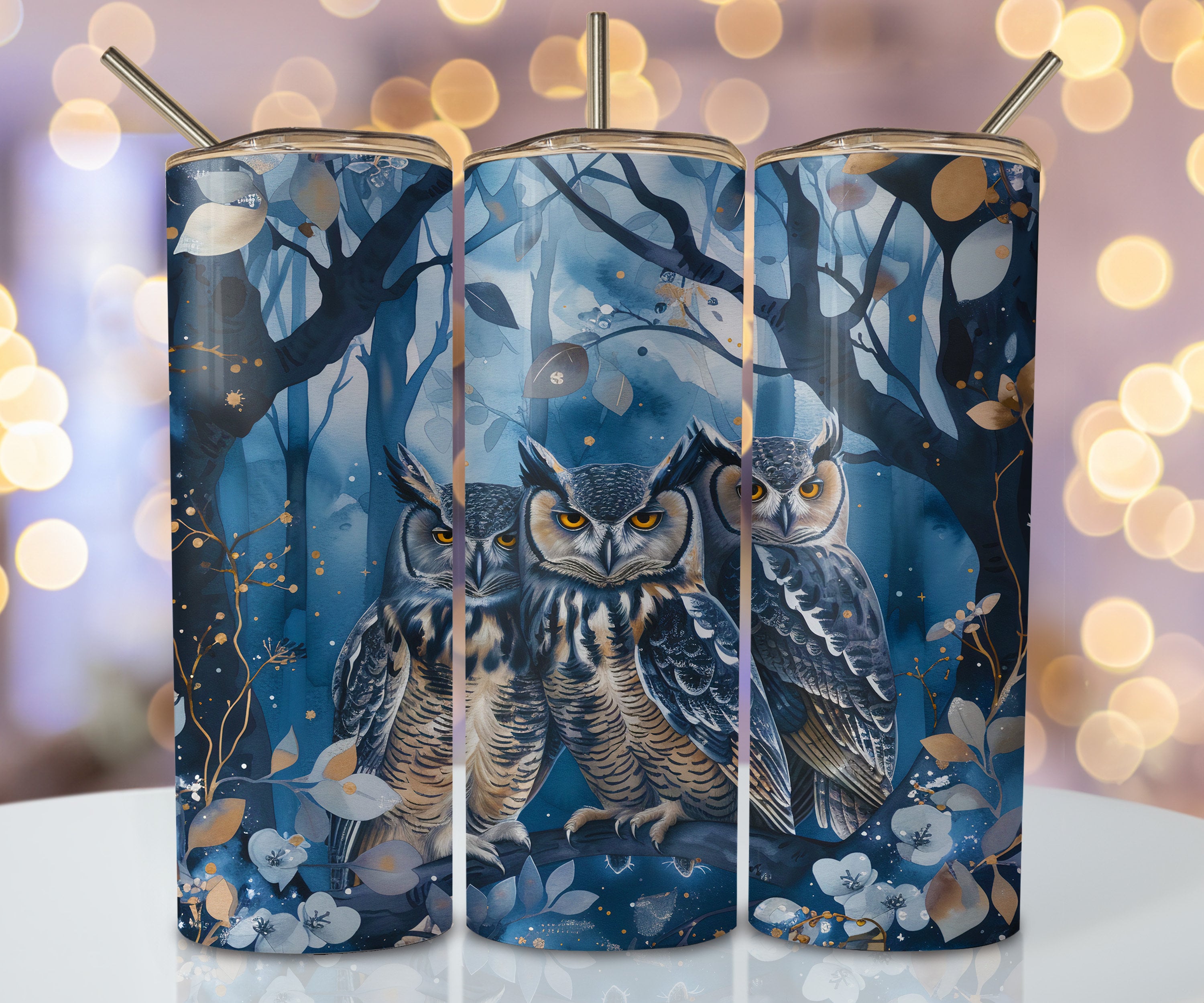 Floral Owl Tumbler Wrap, 20oz Skinny Sublimation Tumbler Design, Watercolor Owl Sublimation Design P