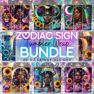 Zodiac African Women Bundle Tumbler Wrap 20 oz Skinny Sublimation Bundle Tumbler Png, Zodiac Tumbler Bundle Digital Download Zodiac Bundle