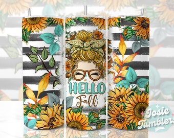 Hello Fall Tumbler Wrap, 20oz Skinny Tumbler Wrap, Autumn Sublimation Tumbler Design, Messy Bun Tumbler Png Download, Sunflower Fall Tumbler