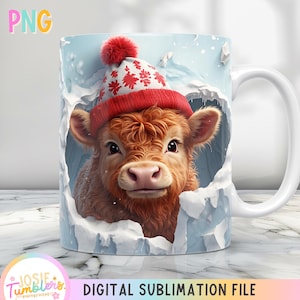 3D Christmas Highland Cow Mug Wrap, 11oz Mug Wrap And 15oz Mug Wrap, Coffee Cup Png Design, 3D Highland Cow Mug Png, Hole In Wall Mug Press