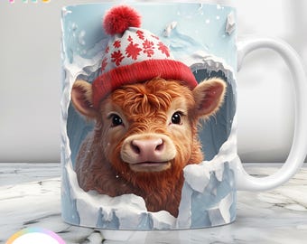 3D Christmas Highland Cow Mug Wrap, 11oz Mug Wrap And 15oz Mug Wrap, Coffee Cup Png Design, 3D Highland Cow Mug Png, Hole In Wall Mug Press
