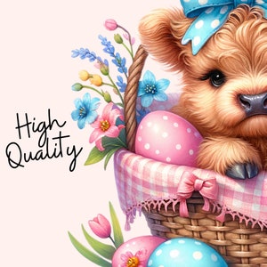 May include: A brown and white Highland cow calf wearing a blue and white polka dot bow sits in a wicker basket with pink and white gingham lining. The basket is filled with pastel pink and blue Easter eggs with white polka dots. The basket is surrounded by spring flowers.