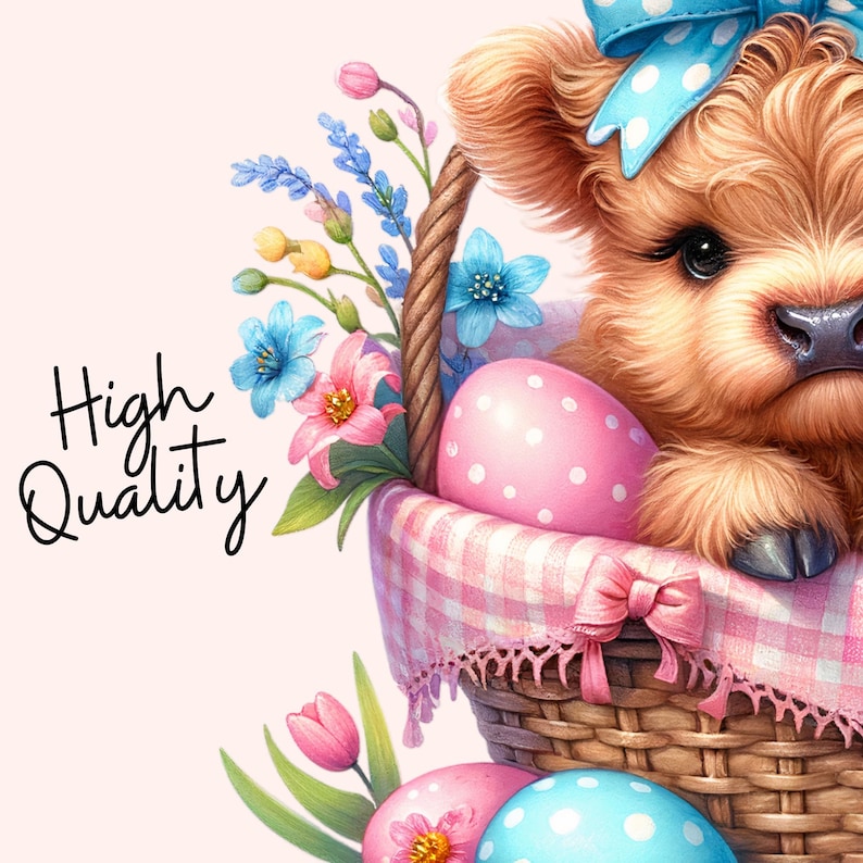 May include: A brown and white Highland cow calf wearing a blue and white polka dot bow sits in a wicker basket with pink and white gingham lining. The basket is filled with pastel pink and blue Easter eggs with white polka dots. The basket is surrounded by spring flowers.
