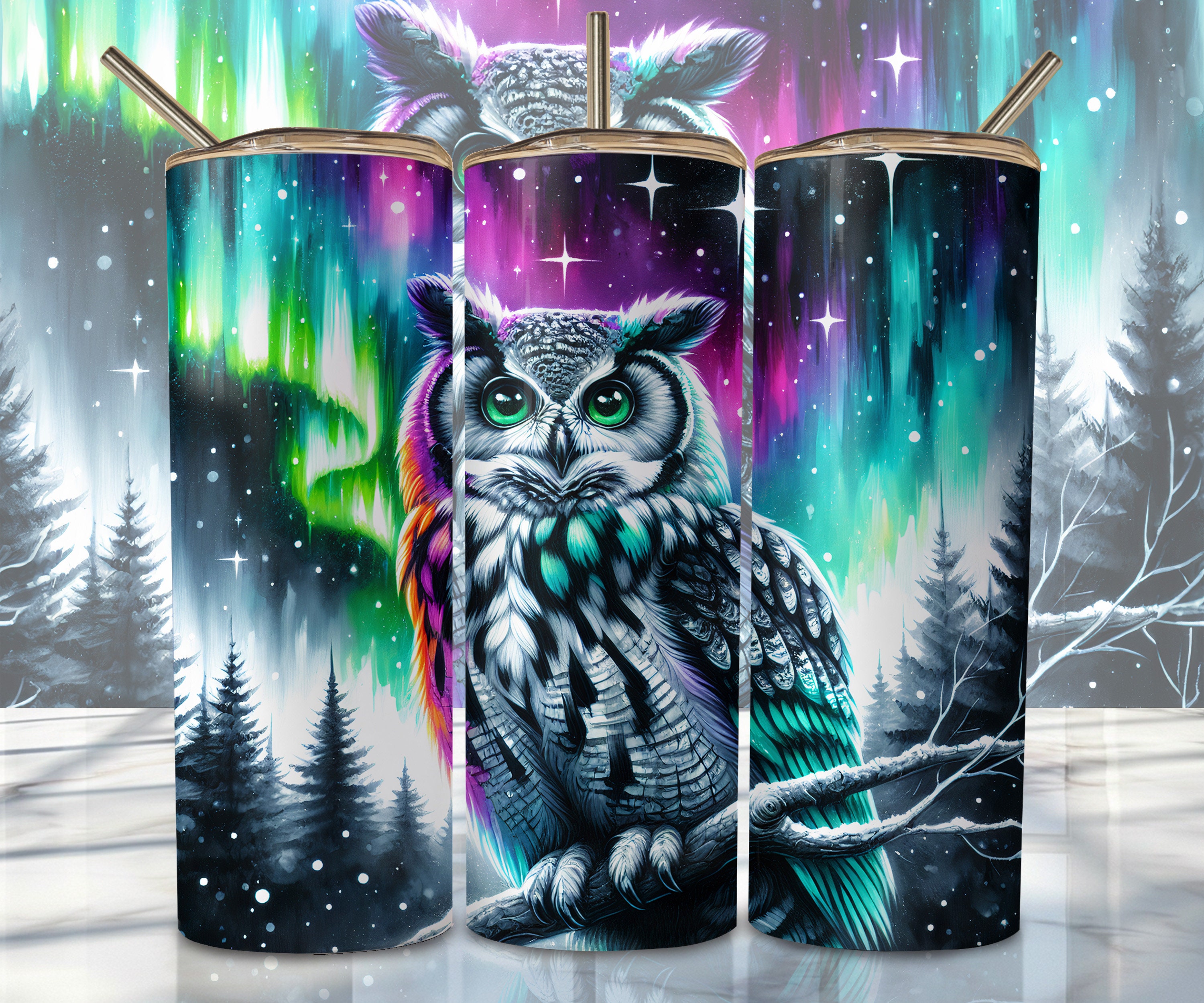Owl Tumbler Wrap Png, 20oz Skinny Sublimation Tumbler Design, Northern Lights Sublimation Design Png