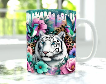 White Tiger Mug Wrap, Sublimation Mug Png, 11oz Mug And 15oz Mug Wrap, Cup Png Design, Floral Hummingbird Mug Sublimation, Mug Press Png