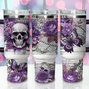 40oz Purple Gothic Tumbler Wrap, 40oz Sublimation Design Download, 40oz Skull Tumbler Png, 40 Oz Quencher Tumbler Sublimation Design Png