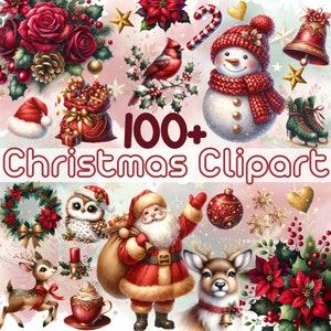 Pacchetto di clipart di Natale in oro rosso, pacchetto di clipart di Natale glitterato, download digitale di pupazzo di neve di clipart acquerello clipart di Natale Png