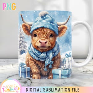 May include: A digital sublimation file featuring a cute cartoon Highland cow wearing a blue winter hat and scarf, standing in a snowy winter scene with presents.