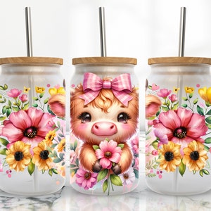 Highland Cow 16 oz Libbey Glass Wrap, Libbey Glass Design Png, 16 Oz Glass Can Wrap Png, Floral Glass Can Sublimation, Digital Download Png