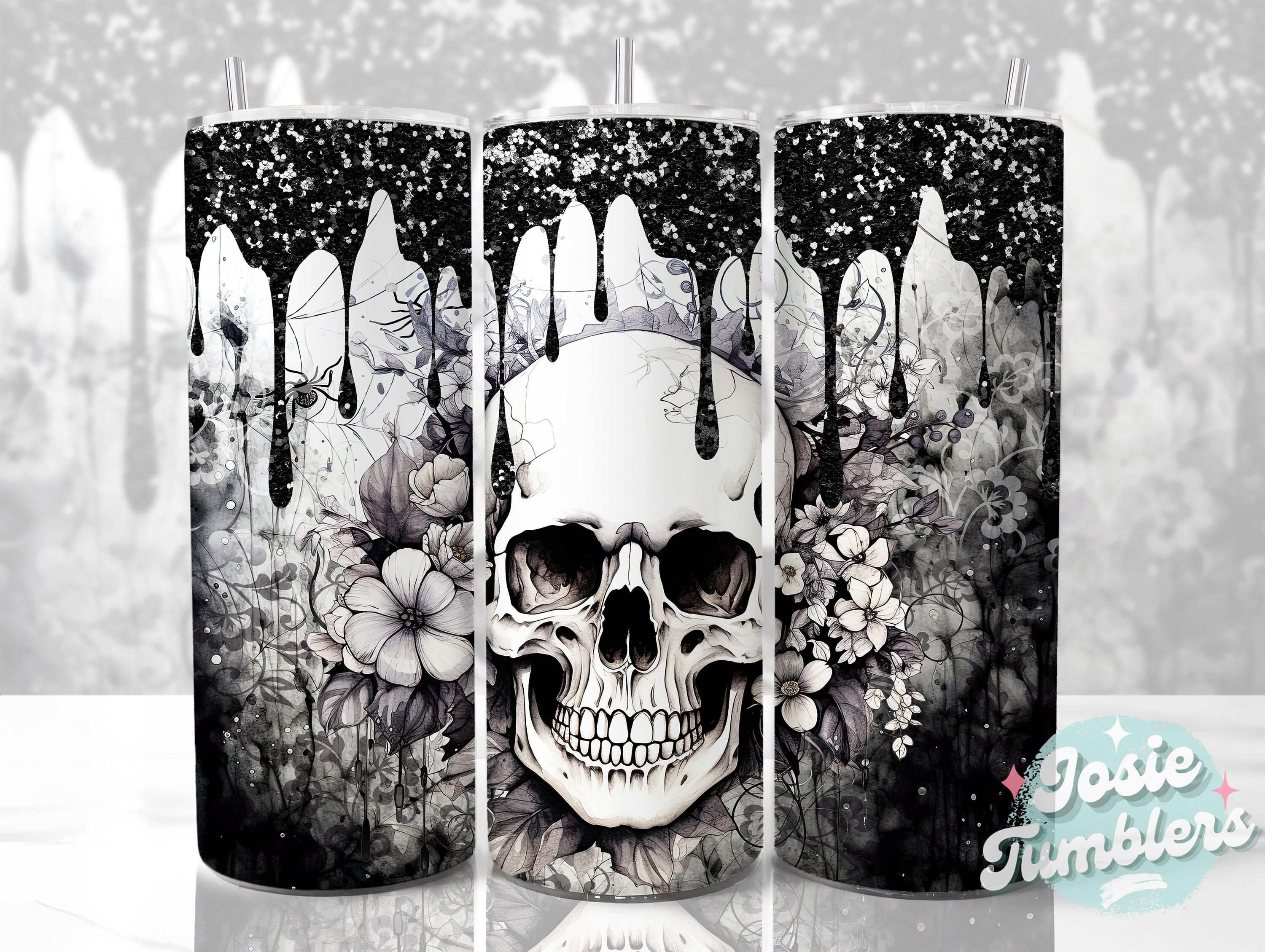 Black Drip Skull Tumbler Wrap 20oz Skinny Sublimation Tumbler Download Glitter Drip Tumbler Design Watercolor Tumbler PNG Seamless Halloween
