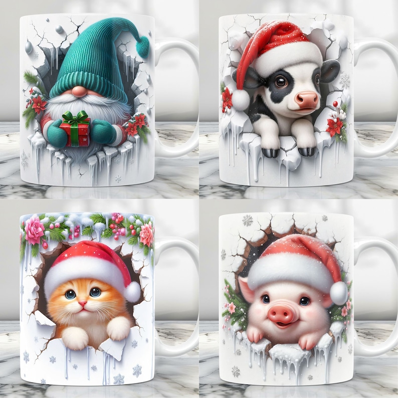 Puede incluir: Conjunto de cuatro tazas de cer&aacute;mica blanca con dise&ntilde;os navide&ntilde;os. Cada taza presenta un animal diferente con un gorro de Pap&aacute; Noel: un gnomo, una vaca, un gato y un cerdo. Las tazas est&aacute;n decoradas con un dise&ntilde;o de hielo agrietado y copos de nieve.