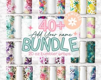 May include: A set of 40+ 20 oz tumbler wraps featuring various designs, including floral, pineapple, and animal prints. The designs are colorful and vibrant, and the wraps are perfect for adding a personal touch to your tumblers.