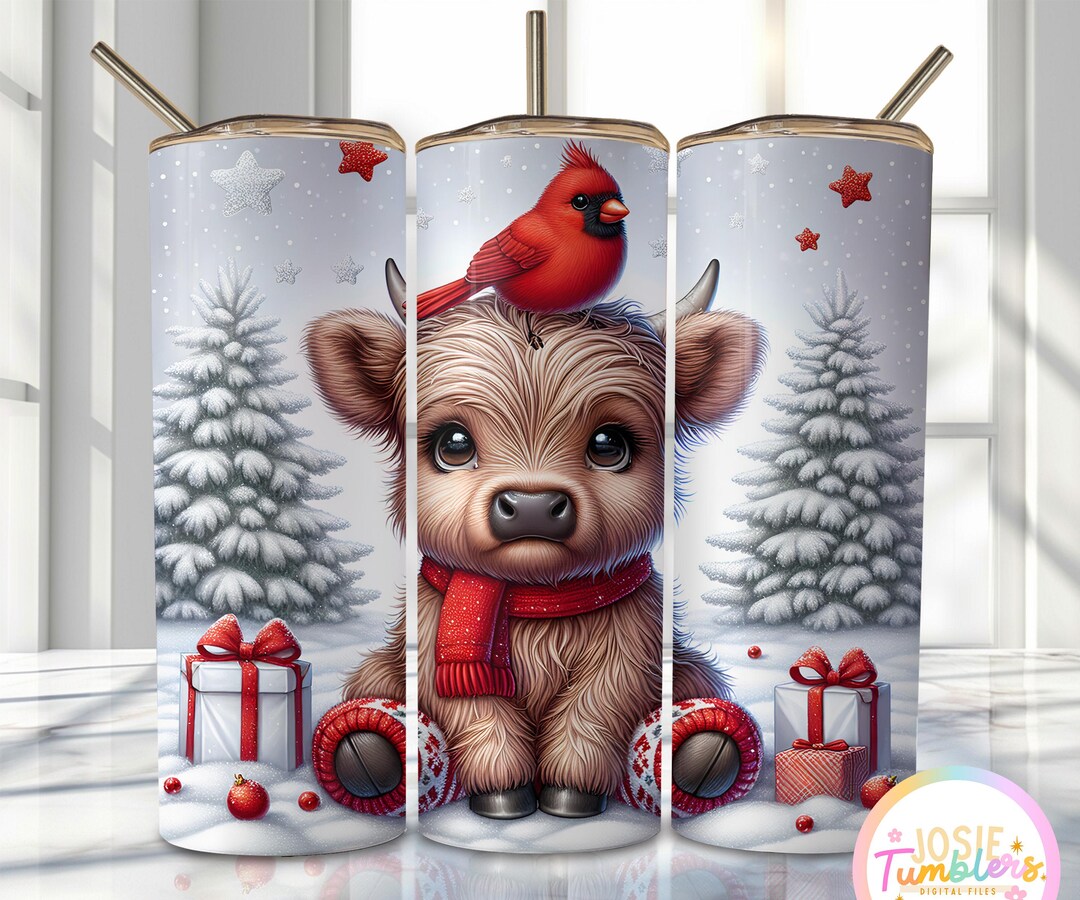 Christmas Highland Cow Tumbler Wrap, 20oz Skinny Sublimation