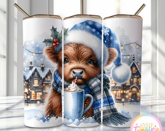 Seamless Highland Cow Tumbler Wrap, 20oz Skinny Sublimation Tumbler Designs, Christmas Highland Cow Design, Hot Cocoa Christmas Tumbler
