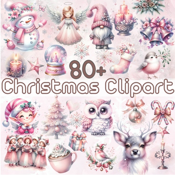 Silver Pink Christmas Clipart Bundle, Pastel Christmas Clipart Png Bundle, Clipart Snowman Digital Download Watercolor Clipart Christmas Png