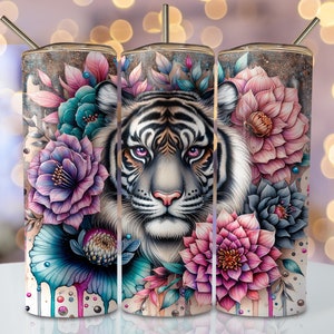 Floral Tiger Tumbler Wrap, 20oz Skinny Sublimation Tumbler Design, Tiger Sublimation Design For Tumbler, Watercolor Animal Tumbler PNG File