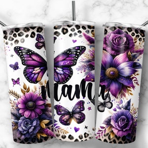 May include: Three stainless steel tumblers with a white background and a purple and gold floral design. The tumblers feature a large purple butterfly with glitter accents, a leopard print pattern, and the word "mama" in black lettering.