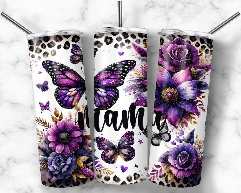 May include: Three stainless steel tumblers with a white background and a purple and gold floral design. The tumblers feature a large purple butterfly with glitter accents, a leopard print pattern, and the word "mama" in black lettering.