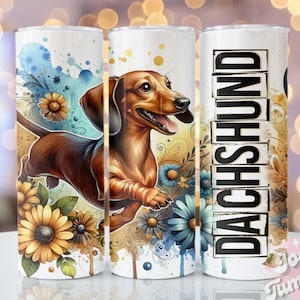 Dachshund Tumbler Wrap, 20oz Skinny Sublimation Tumbler Design, Dachshund Sublimation Design Png, Watercolor Floral Dog Tumbler Png Download