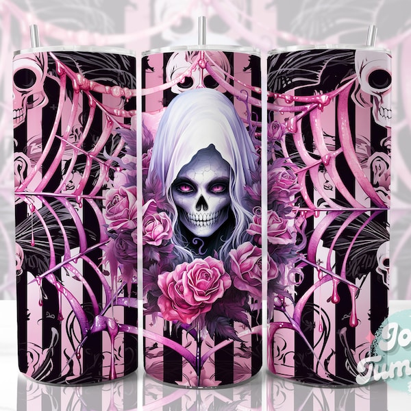 Seamless Pink Skull Tumbler Wrap 20oz Skinny Sublimation Tumbler Design PNG Skull Halloween Tumbler Template Spooky Rose Tumbler Downloads