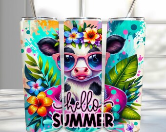 Hello Summer Tumbler Wrap, 20oz Skinny Sublimation Tumbler Design, Summer Cow Sublimation Design Png, Summer Tumbler Png Wrap Download
