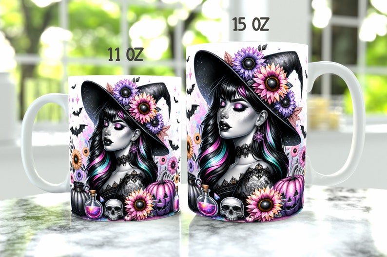 May include: Two white ceramic mugs featuring a colourful illustration of a witch wearing a black hat, purple and pink flowers, and a pumpkin. The mug on the left says "11 oz" and the mug on the right says "15 oz".