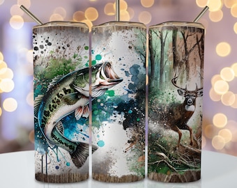 Envoltura de vaso de pesca, diseño de vaso de sublimación flaco de 20 oz, diseño de sublimación de cazador de acuarela, descargas de png de vaso de ciervo de acuarela