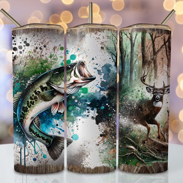 Fishing Tumbler Wrap, 20 oz Skinny Sublimation Tumbler Design, Watercolor Hunter Sublimation Design, Watercolor Deer Tumbler Png Downloads