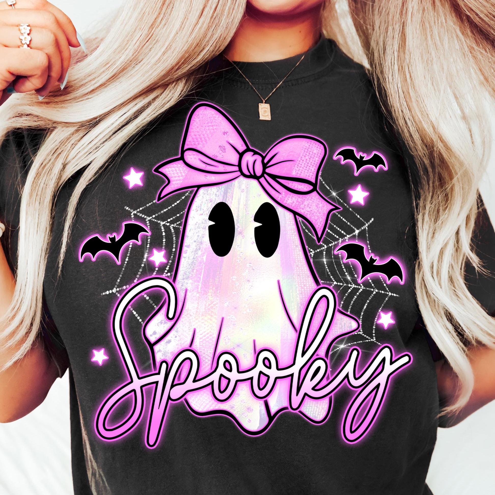 Spooky Ghost PNG, Coquette Halloween Shirt PNG, Ghost Shirt Png Download, Neon Halloween Tee Shirt Sublimation, Halloween Png For Shirts