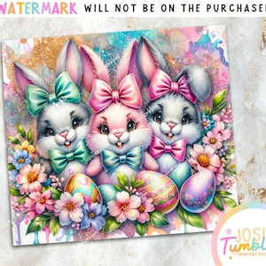 May include: Three cartoon bunnies with colorful bows and Easter eggs surrounded by pink, purple, and blue flowers. The bunnies are wearing blue, pink, and green bows. The background is a watercolor wash of pink, blue, and green.